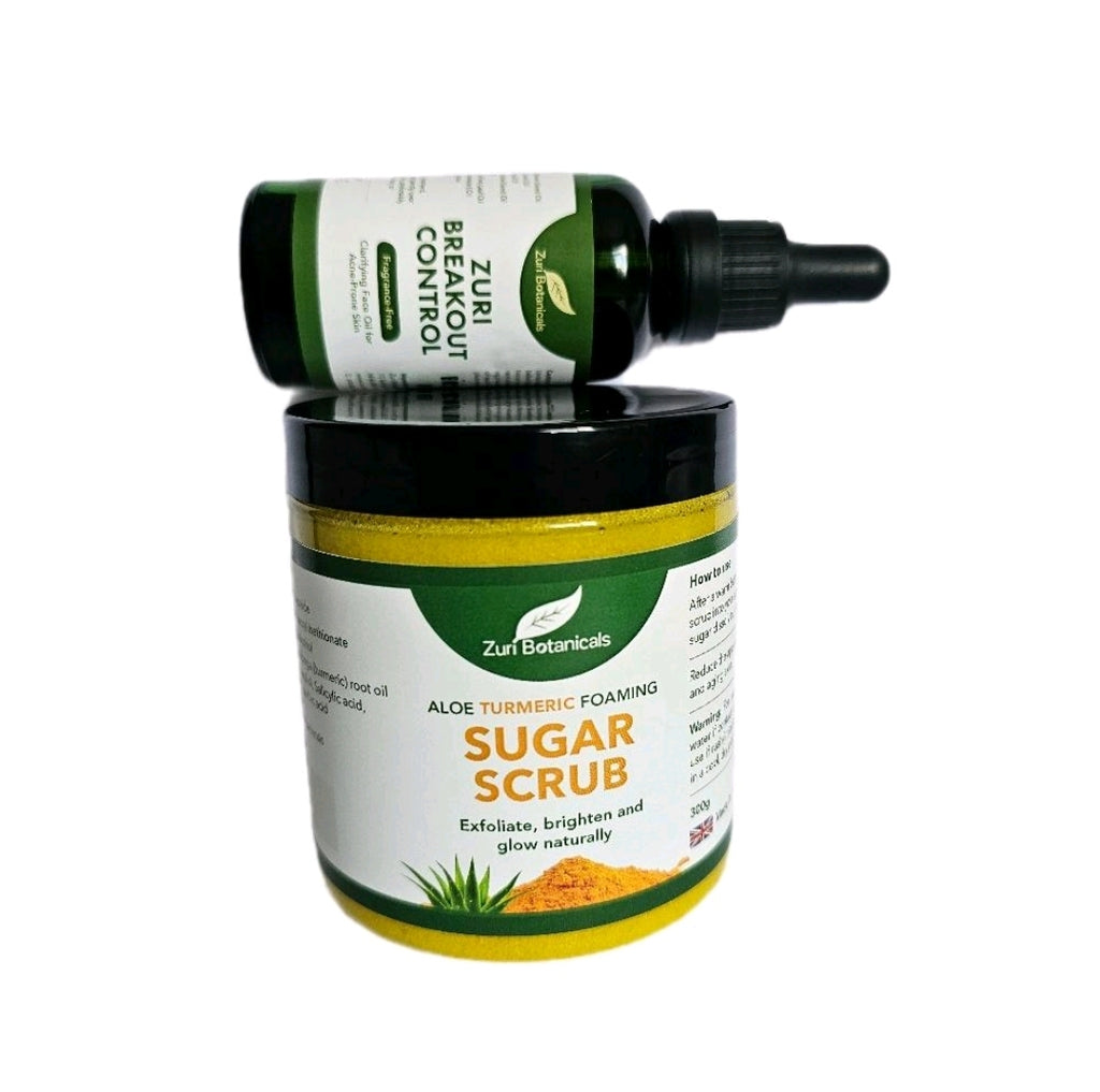 Acne Relief - Foaming Sugar Scrub & Breakout Control Face Oil - Aloe Turmeric Formula for Exfoliation Brightening