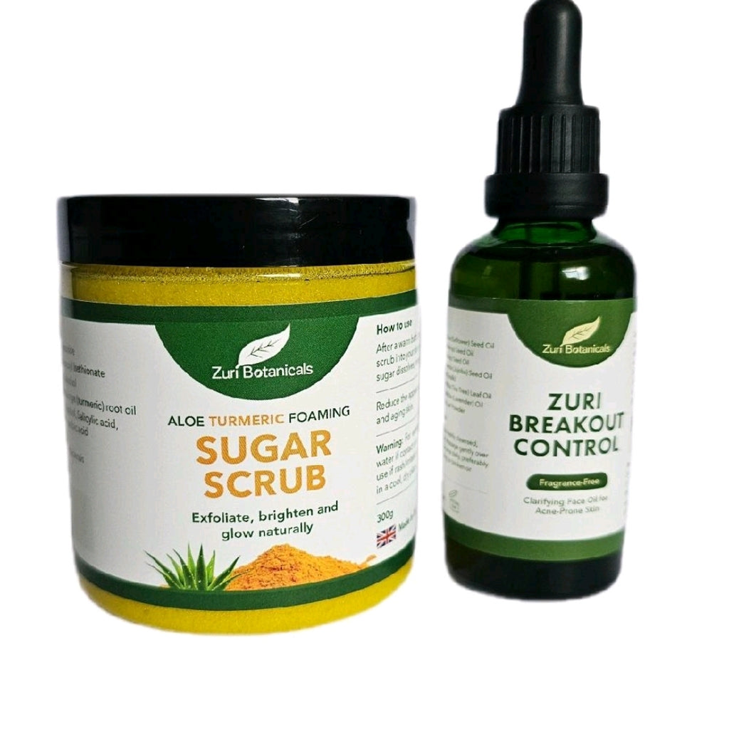 Acne Relief - Foaming Sugar Scrub & Breakout Control Face Oil - Aloe Turmeric Formula for Exfoliation Brightening